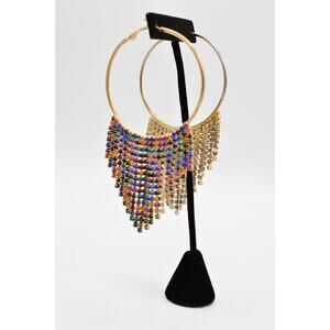 Statement Hoops Earrings Rhinestone Crystal Long Chain Multi-Color Fringe BinAG